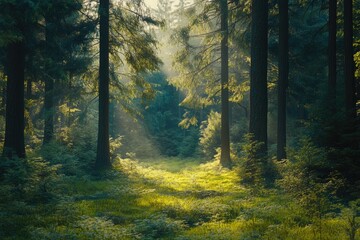 Fototapeta premium Sunbeams Filtering Through Tall Trees in a Lush Forest