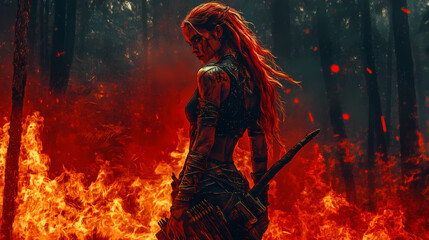 A fantasy woman rogue with many weapons in a burning forest, illustration generative ai. Fantasy. Illustration