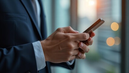 Smartphone in hands of businessman. Man looks at stock charts and financial information on his phone. Head gives instructions via Internet messengers. Modern communication technologies for business us