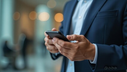 Businessman uses smartphone to solve business problems. Man's hands and mobile phone in close-up. Head of the office uses modern communication technologies