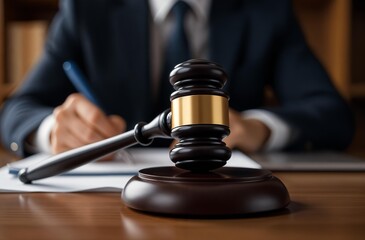 Judge gavel with Justice lawyers. Judge or Legal advisor lawyer examining and signing legal documents. Advice and Legal services Concept