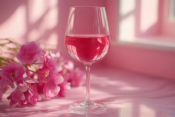 A Glass of Pink Wine with Delicate Flowers in a Soft Pink Setting