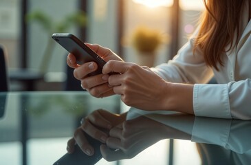 young brunette woman in white shirt using mobile phone in hands at the table near window. Businesswoman uses  smartphone to solve business problems. Hands and phone in close-up. Digital communication 