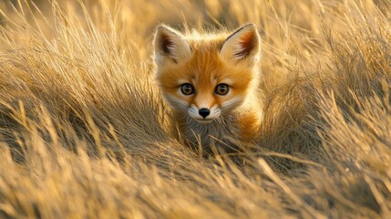 A cute fox kit peeking out from tall grass.