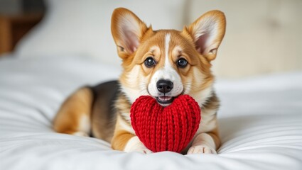 Corgi dog is lying on a bed with a large knitted red heart. Majestic Corgi Spreading Love. Cute portrait, dog lies on a bed