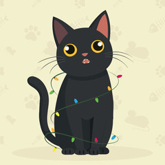 Funny xmas cat sitting. Cute cartoon cool christmas character. Portrait of adorable little stray cat. Vector illustration character design with flat color.