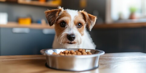 A curious dog looks at its bowl of food. The kitchen setting is bright and welcoming. This image captures a moment of anticipation and love between a pet and its owner. AI
