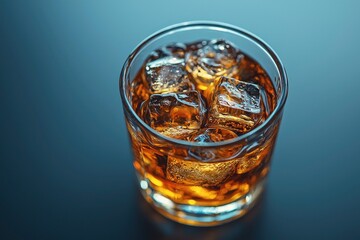 Close-up of a Glass of Amber Liquid with Ice Cubes