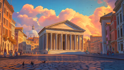 Naklejka premium The Pantheon in the center of ancient Rome, golden hour lighting, a blue sky with pink clouds, a cobblestone street, a cityscape, a low-angle view