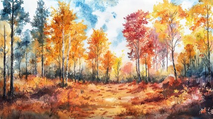 Obraz premium A vibrant autumn landscape featuring colorful trees and a serene pathway, capturing the essence of nature's beauty in fall.