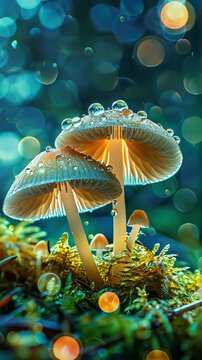 Mushrooms with water droplets in forest, macro photography. Nature and tranquility concept