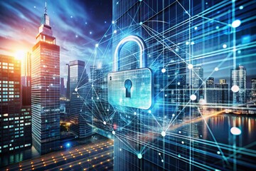 Futuristic Double Exposure of Data Security and Network Protection Concepts with Abstract Tech Elements and Digital Patterns for Business Technology Systems