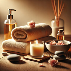 Spa Setting with Towel, Candle, Diffuser, and Floating Petals