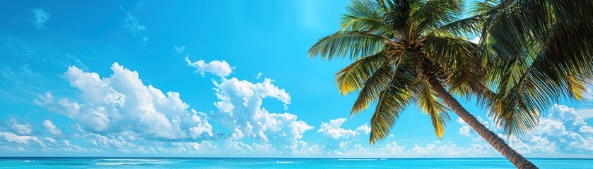 A serene tropical beach scene featuring a palm tree against a vibrant blue sky and sparkling ocean water.