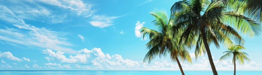 A serene beach scene featuring palm trees against a vibrant blue sky and calm ocean waters, evoking a sense of relaxation and tropical paradise.