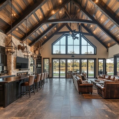 Fototapeta premium Large Rustic American retreat farmhouse interior with dark brown reclaimed wood beams and flooring