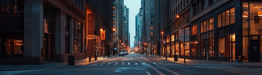 A quiet city street illuminated by soft lights, showcasing modern architecture and empty roads, evoking a peaceful urban ambiance at dusk.