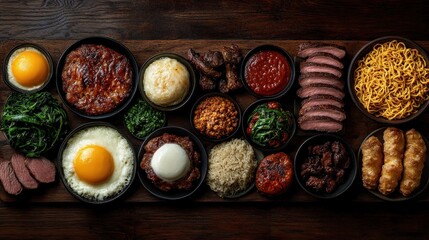 A diverse spread of Asian-inspired dishes, featuring a variety of meats, vegetables, and sauces, served on a rustic wooden board.