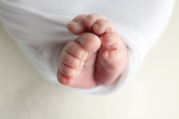 The tiny foot of a newborn. Soft feet of a newborn in a white blanket. Close up of toes, heels and feet of a newborn baby. Studio Macro photography. Woman's happiness.