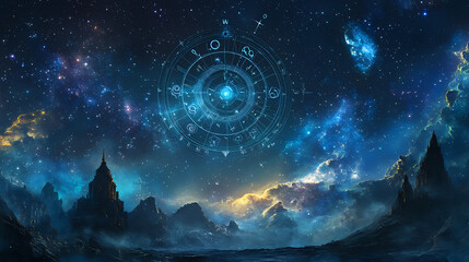 Astrological symbols in fantasy space, panoramic banner with zodiac signs, nebula, stars and sky. concept of astrology, horoscope, art, galaxy, background and time. Fantasy. Illustration