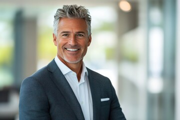 Fototapeta premium A smiling man in a professional setting, dressed in a suit, exuding confidence and approachability.