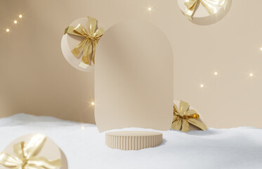 Obraz premium 3D podium display, Christmas background for product presentation or text. Gift box with gold ribbon. Beige winter backdrop. Nude pedestal showcase. Present Branding banner. 3D render mockup. 