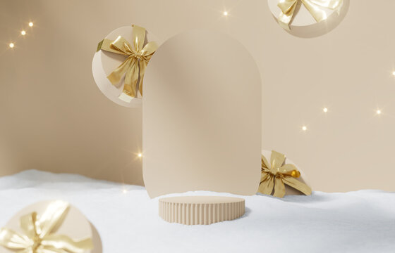 3D podium display, Christmas background for product presentation or text. Gift box with gold ribbon. Beige winter backdrop. Nude pedestal showcase. Present Branding banner. 3D render mockup.	