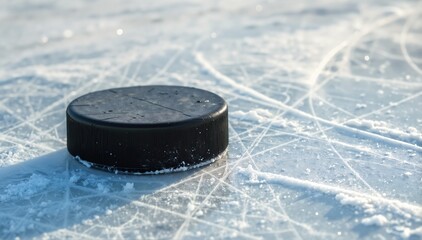 Hockey puck on ice surface with winter atmosphere