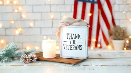 Decorative candle with thank you veterans message on wooden tray and festive background