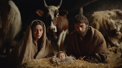 Fototapeta premium Mary and Joseph with baby Jesus surrounded by animals in the stable
