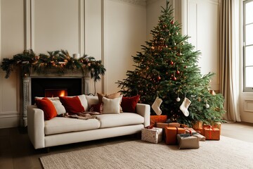 Cozy living room with decorated Christmas tree and gifts by the fireplace