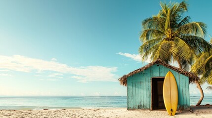 A serene beach scene featuring a colorful hut, a surfboard, and palm trees under a clear blue sky.