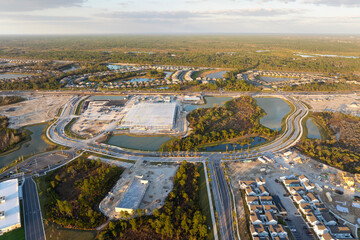Houses under construction in American suburbs. Development of residential housing. Real estate market in the USA