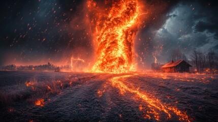 A fiery tornado descends upon a rural landscape, engulfing a small wooden house in flames.