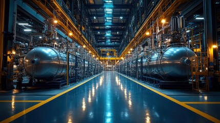 Fototapeta premium Industrial interior of a factory with large metal tanks and pipes.