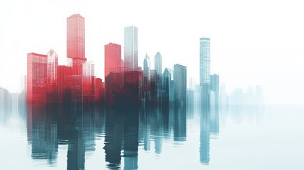 Naklejka premium Misty Skyline with Reflections of Iconic Skyscrapers in a Calm, Serene Atmosphere