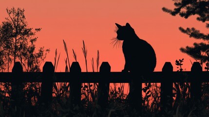 A silhouette of a cat sitting on a fence against a red sunset.