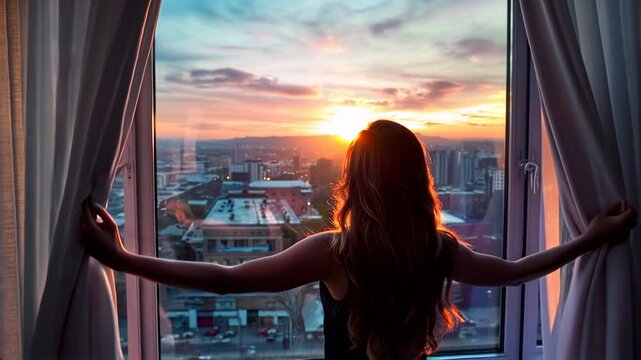 
A woman joyfully opens the curtains in her home to let in the warm light of a stunning city sunrise. The vivid colors of the sky contrast beautifully with the urban landscape.