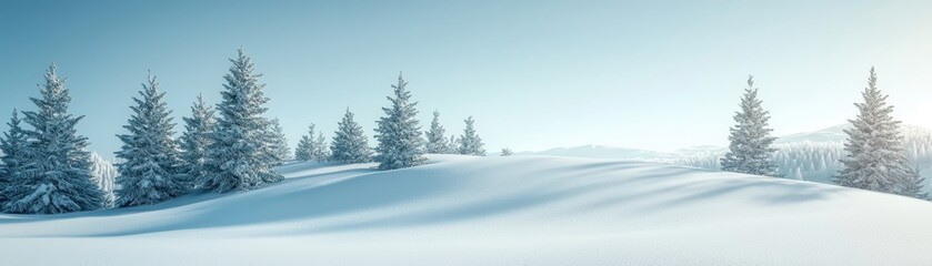 Naklejka premium A serene winter landscape featuring snow-covered hills and pine trees under a clear blue sky.
