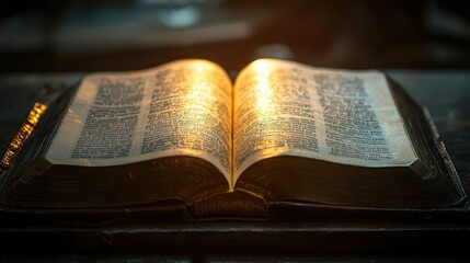 Obraz premium A beautifully illuminated open book with intricate pages, reflecting warm light, symbolizing knowledge and spirituality.