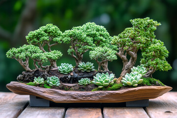A miniature landscape with succulents arranged like trees in a bonsai-style composition on a wooden tray.