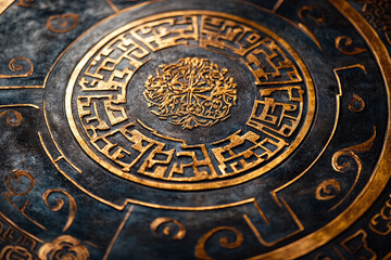 gilded patterns on a Mongolian Khan throne replica.