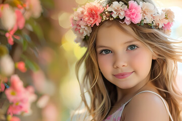 Naklejka premium A beautiful young Caucasian girl with blonde hair, wearing a floral crown and smiling gently amidst a blurred garden background.