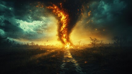 Obraz premium A fiery tornado rages through a dark and stormy landscape, with falling leaves and dead trees in the foreground.