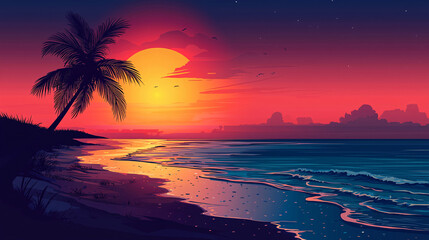 Graphic design of a tropical beach with a silhouetted palm tree, sunset colors, and gentle ocean waves, representing the ultimate summer paradise