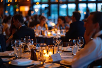 Elegant Business Networking Dinner with Attendees Engaged in Conversations and Connections
