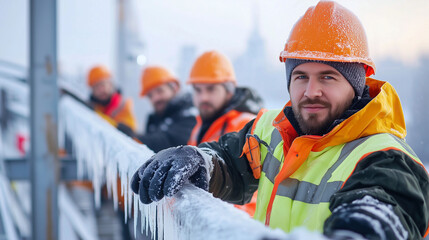 Fototapeta premium Construction Team Removing Ice from High Rise Building