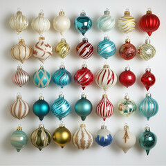 A background pattern of various christmas tree decorations and christmas tree balls