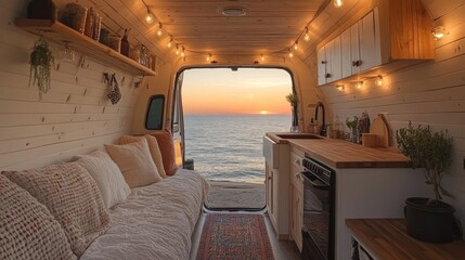 A serene van interior showcases a comfortable couch and kitchen area, illuminated by warm string lights. The view outside features a stunning ocean sunset, enhancing the tranquil ambiance.