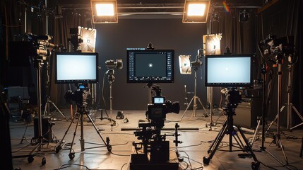 A well-equipped film studio setup featuring cameras and monitors, surrounded by lights, ready for a production.